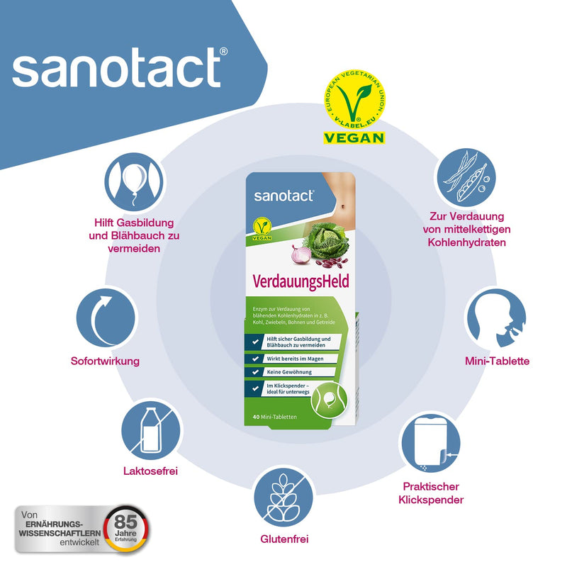 sanotact Digestive Hero • 40 mini tablets • Helps with the digestion of grains, cabbage and legumes • Irritable bowel syndrome tablets promote digestion for bloated stomachs 40 pieces (pack of 1) - NewNest Australia