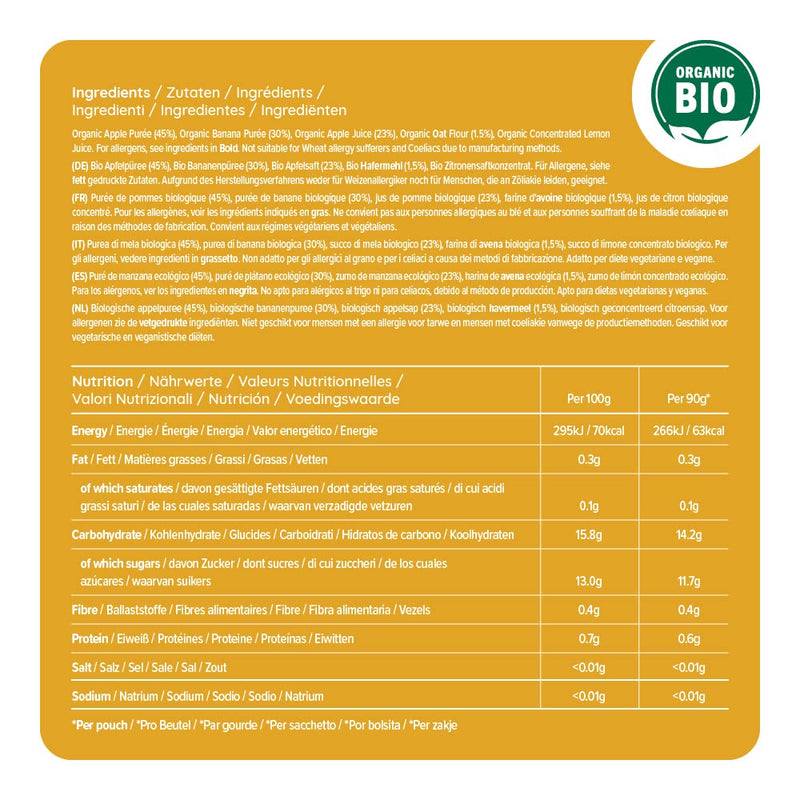 Amazon Brand - Mama Bear Fruit and Cereal Pouch Organic Apple and Banana Puree with Organic Apple Juice and Organic Oat Flour, 6 x 90g Apple, Banana & Oat - NewNest Australia