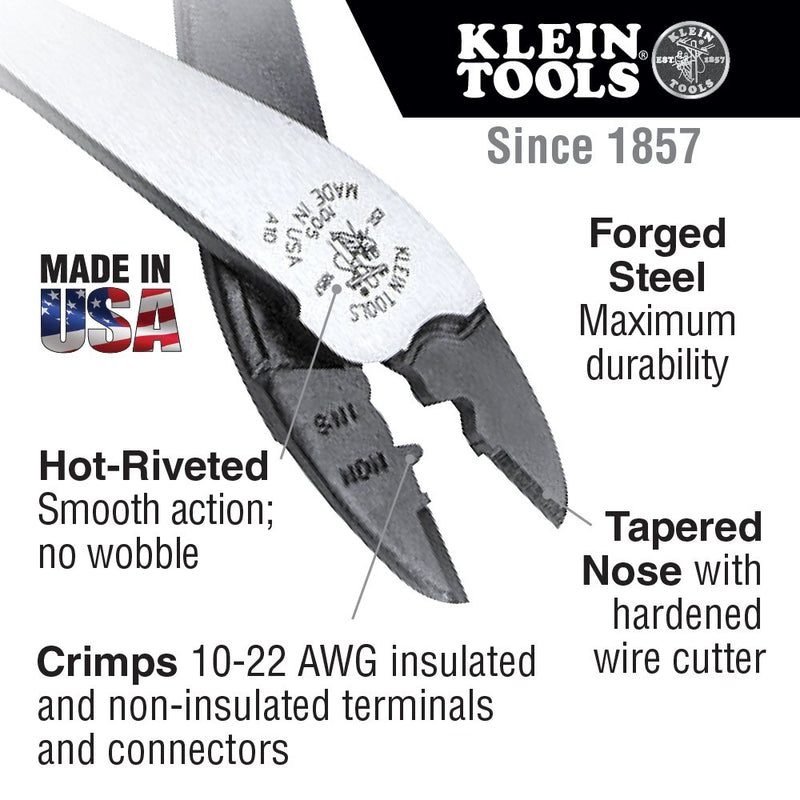 Klein Tools J1005 Crimping and Cutting Tool, Tapered Nose for 10 to 22 AWG Solderless Terminals and Connectors - NewNest Australia