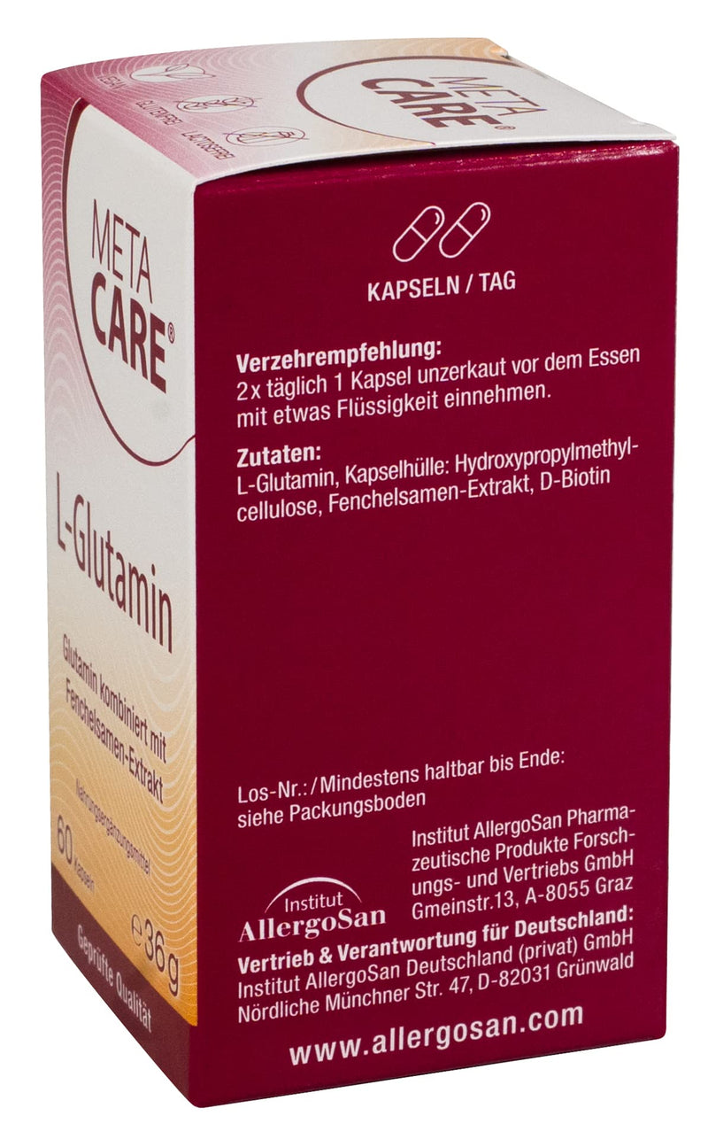 Meta Care L-Glutamine - Vegan - High dosage - Ideally combined with biotin and natural fennel seed extract - 60 capsules - NewNest Australia