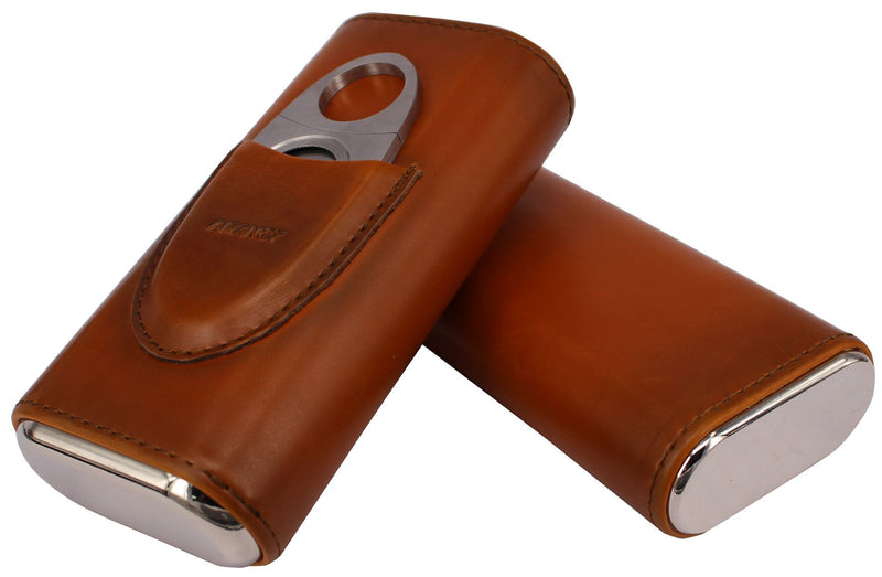 AMANCY Premium 3- Finger Brown Leather Cigar Case, Cedar Wood Lined Cigar Humidor with Silver Stainless Steel Cutter - NewNest Australia