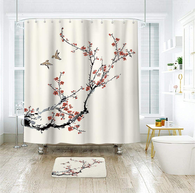 Riyidecor Red Floral Shower Curtain Cherry Sakura Blossom Asian Style Japanese Chinese Painting Birds Girls Fabric Polyester Waterproof Fabric 72Wx72H Inch 12 Pack Plastic Hooks - NewNest Australia