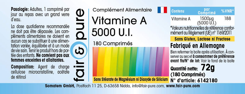 Fair & Pure® - Vitamin A 5000 IU (1500µg) - Retinyl Acetate - vegan - without magnesium stearate - 180 tablets - NewNest Australia