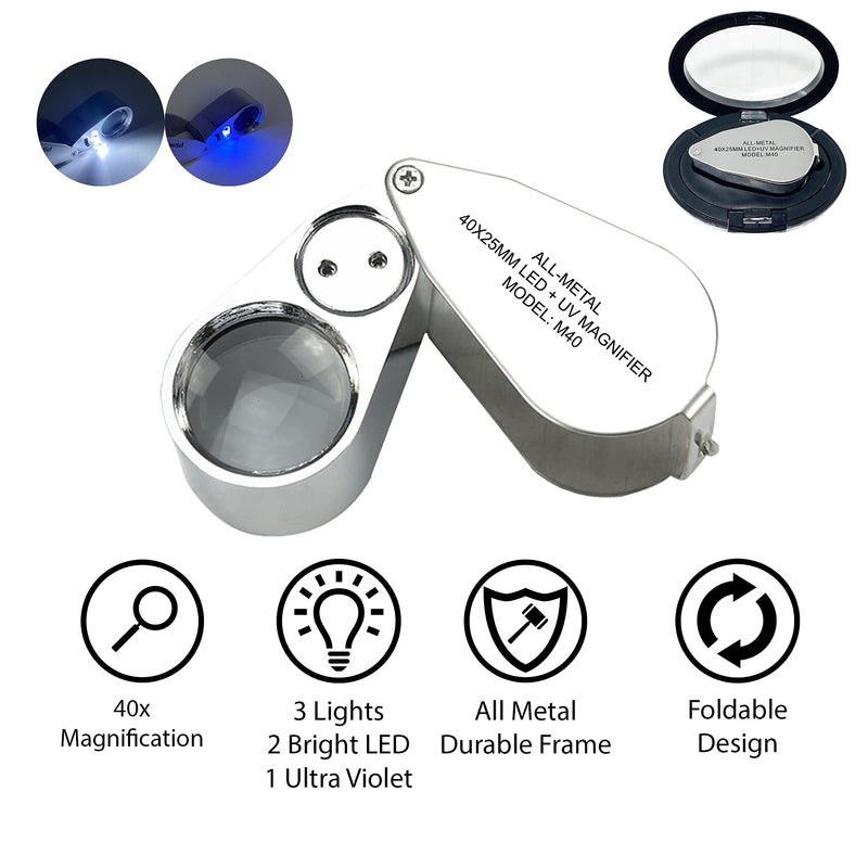 Pineapple LLC 40X Jewelers Loupe Magnifier with Light, Foldable Eye Loop Magnifier, LED UV Illuminated for Trichomes, Coins, Currency, Diamonds, Jewelry, Gems, Plants, Stamps, Silver, Small (M40) - NewNest Australia
