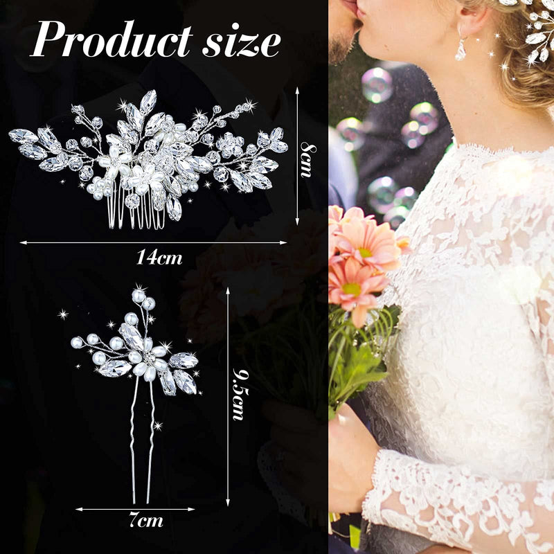 5 Pieces Pearl Wedding Hair Side Comb Crystal Bride Wedding Hair Comb U-shaped Bride Wedding Hair Pins Rhinestone Hair Accessories Pearl Flower Hair Comb for Women and Girls (Silver) - NewNest Australia