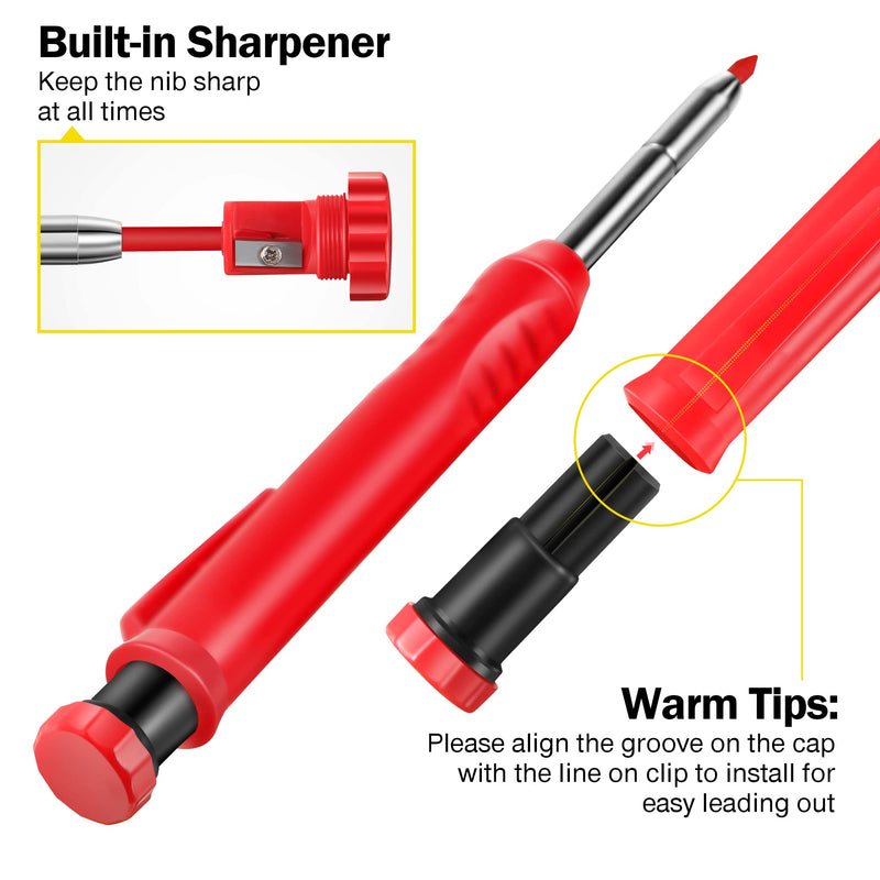 Hiboom 3 Pieces Solid Carpenter Pencil with 21 Refill Red Yellow Gray, Long Nosed Deep Hole Mechanical Pencil Marker Marking Tool with Built in Sharpener for Carpenter (Orange, Red, Black Cover) - NewNest Australia
