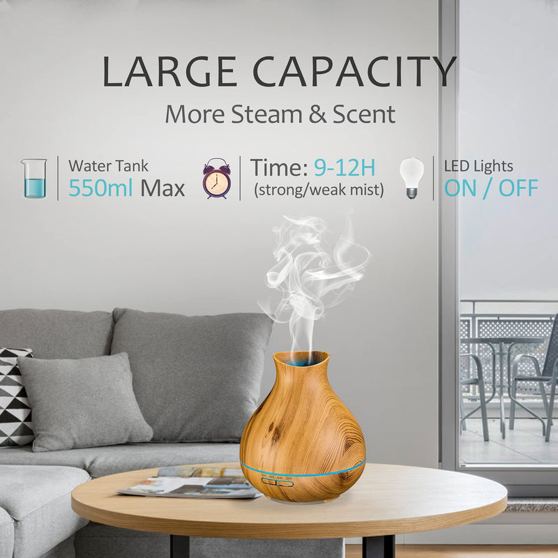 Aromatherapy Essential Oil Diffuser 550ml 12 Hours Wood Grain Aroma Diffuser with Timer Cool Mist Humidifier for Large Room, Home, Baby Bedroom, Waterless Auto Shut-Off, 7 Colors Lights Changing Brown - NewNest Australia