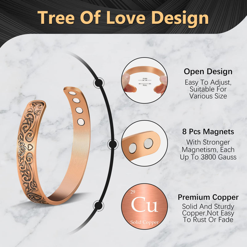 Jeracol Copper Magnetic Bracelets for Women, Tree of Love Design 99.99% Solid Copper Magnetic Cuff Bangle with 8pcs Powerful Magnets(Each 3800 Gauss), Brazaletes Jewelry with Gift Box - NewNest Australia