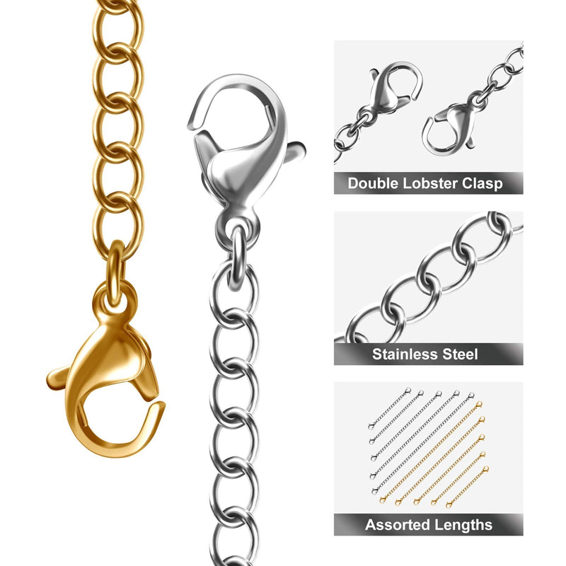 Necklace Extenders, 10Pcs Stainless Steel Gold Silver Necklace Bracelet Anklet Extension Chains with Lobster Clasps and Closures for Jewelry Making sliver&gold - NewNest Australia