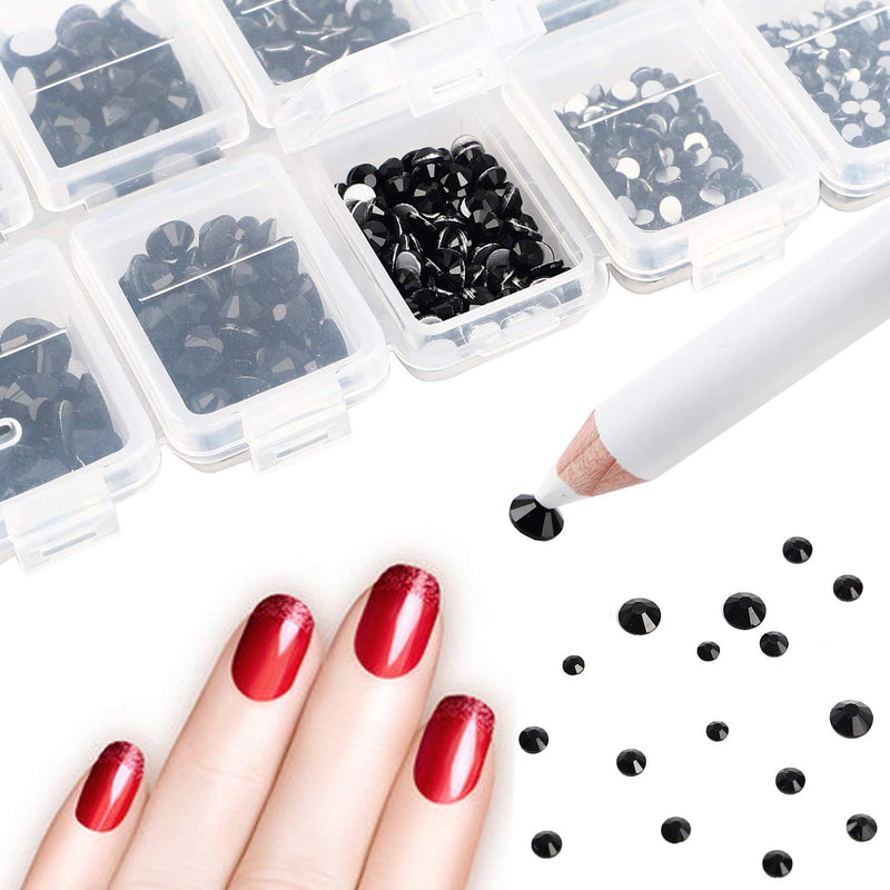 AD Beads 4300 Pieces Flat Back Nail Art Rhinestones Round Beads 6 Sizes (2-6.5mm) with Storage Organizer Box,Rhinestones Picking Pen for Nail Art Phone Decorations Crafts DIY (Black) Black - NewNest Australia
