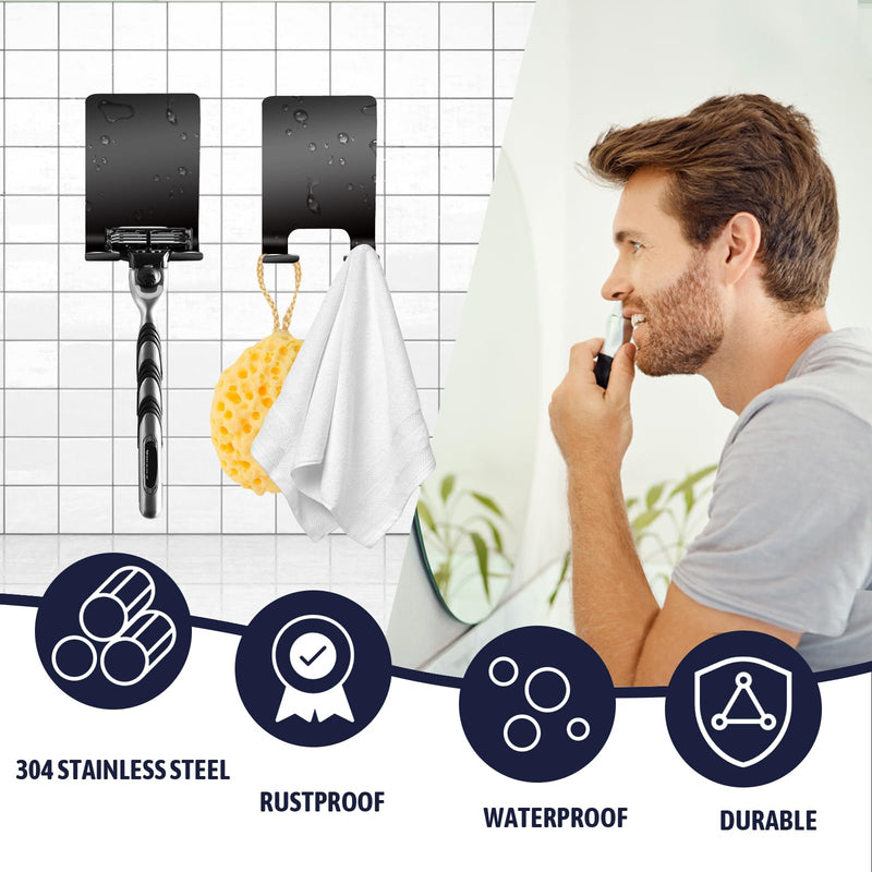 VMUTGA Self-adhesive razor holder hooks, pack of 2, razor holder, shower, stainless steel adhesive hooks for bathroom, kitchen, toilet, office, black - NewNest Australia