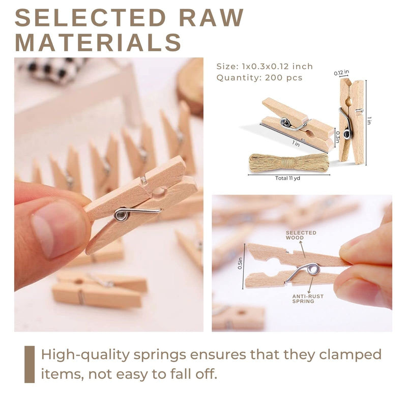 Mini Clothes Pins for Photo,200 pcs 1" Natural Wooden Tiny Clothespins with Jute Twine, Mini Picture Clips Small Clothes Pins for Photos, Crafts, Arts, Cocktails - NewNest Australia