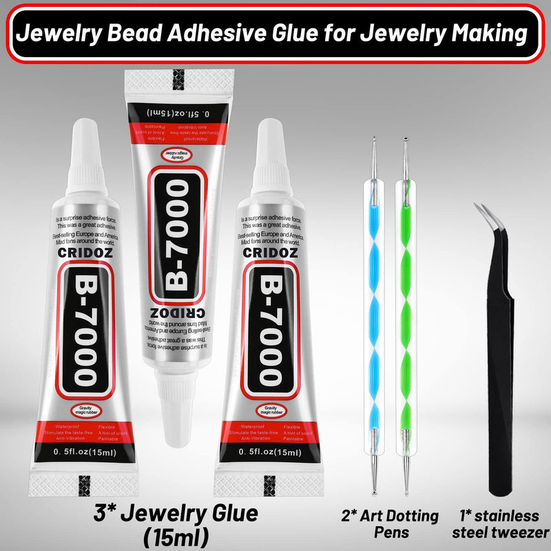 B7000 Rhinestone Glue for Jewelry Making, Clear Glue for Crafts Fabric Glue with Precision Tips Adhesive Glue with Dotting Pens Tweezers for Metal Stone Nail Art Beading Wood Glass 0.5 fl oz, 3 Packs - NewNest Australia