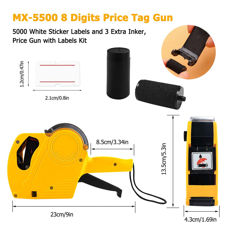MX-5500 8 Digits Price Tag Gun with 5000 White Sticker Labels and 3 Extra Inker, Price Gun with Labels Kit, Label Maker Pricing Gun Kit, Numerical Tag Gun for Office, Grocery Store Marking (Yellow) Yellow - NewNest Australia