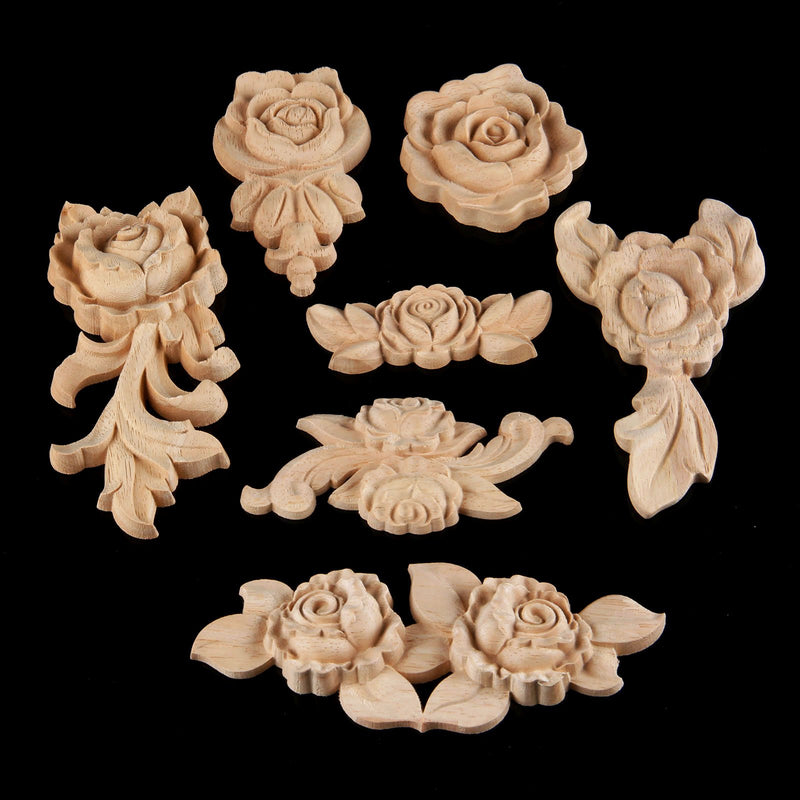 NewNest Australia - MUXSAM 4Pcs Wood Carved Molding Corner Onlay Applique Rose with Stem Door Cabinet Decor Unpainted Dress Up Furniture, 9x3.5x0.8cm/3.54"x1.38"x0.3", E Style 4-Pack E-style 