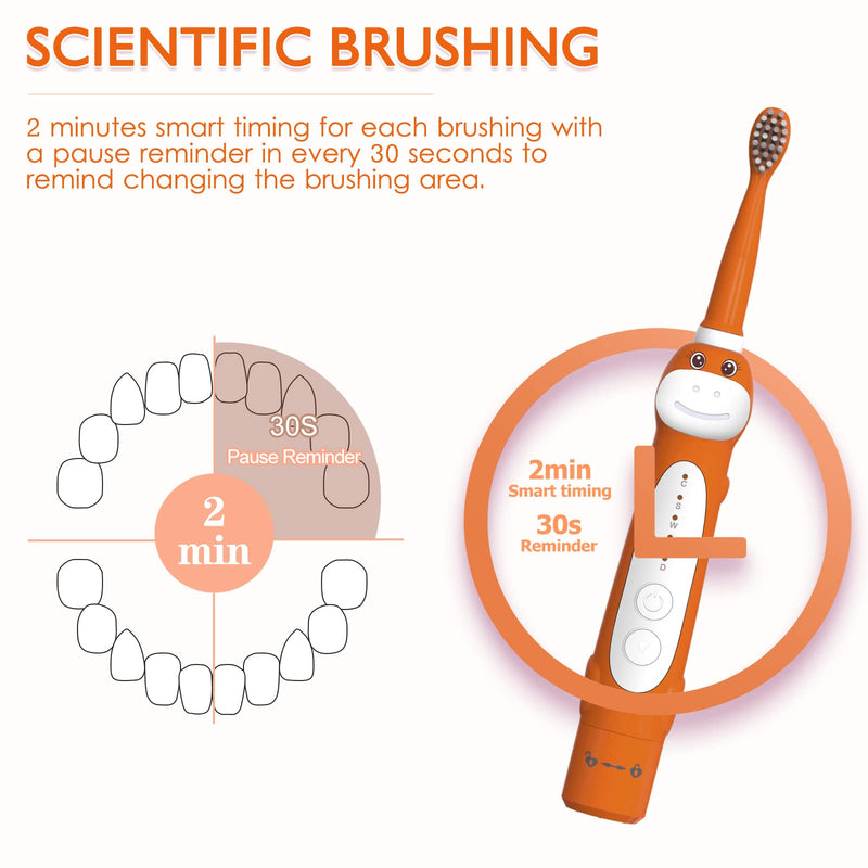 Dinosaur Toothbrush, Kids Sonic Electric Toothbrush for Children, Toddlers Boys Girls Age 3-12 with 30s Reminder, 2 Mins Timer, 5 Modes, 6 Brush Heads, Rechargeable, Wall-Mounted Holder 8680 Orange+ 6 Heads+ Holder(package Might Vary) - NewNest Australia