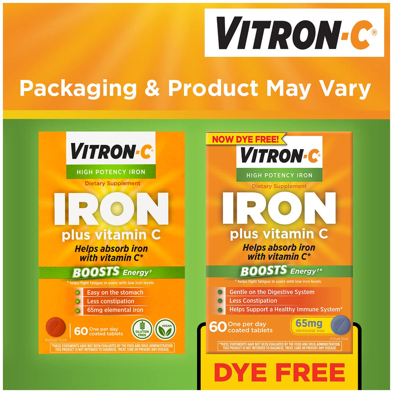 Vitron-C High Potency Iron Supplement with 125 mg Vitamin C, Dye Free, Vegan, Gluten Free, 60 Count - NewNest Australia
