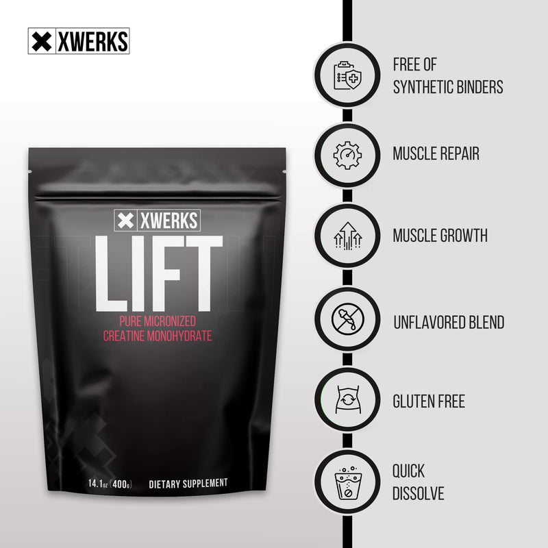 Xwerks Lift Pure Creatine Monohydrate Powder - 80 Servings - Raw 100% Natural 5000mg Formula Micronized Creatine - Highly Soluble Supplements for Power Strength Muscle Growth and Repair - Unflavored - NewNest Australia
