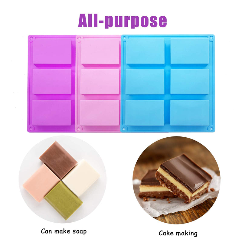 Silicone Soap Molds,6 Cavities Rectangle Silicone Molds for Homemade Craft Soap Mold, Cake Mold, Chocolate Mold ＆ Ice Cube Tray -Molds Set of 3(Blue & Purple& Pink). - NewNest Australia