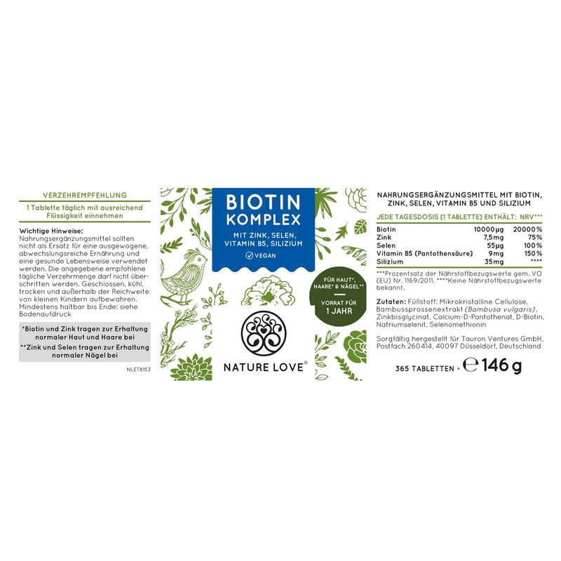 Biotin complex - with zinc, selenium, silicon & vitamin B5 - high dose with 10,000µg biotin - 365 tablets for hair, skin and nails - hair vitamins in a year's supply - vegan & laboratory tested - NewNest Australia
