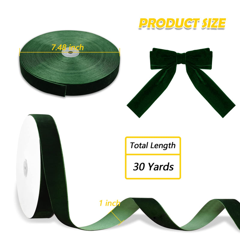 BokingOne Velvet Ribbon - 1Inch X 30Yd Wide Vintage Nylon Velvet Ribbon Spool ( Dark Green) 1Inch Dark Green - NewNest Australia