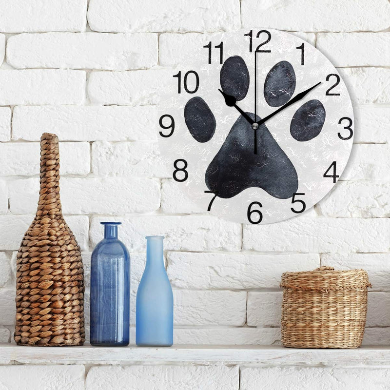 NewNest Australia - senya Black Dog Paw Print Design Round Wall Clock, Silent Non Ticking Oil Painting Decorative for Home Office School Clock Art 