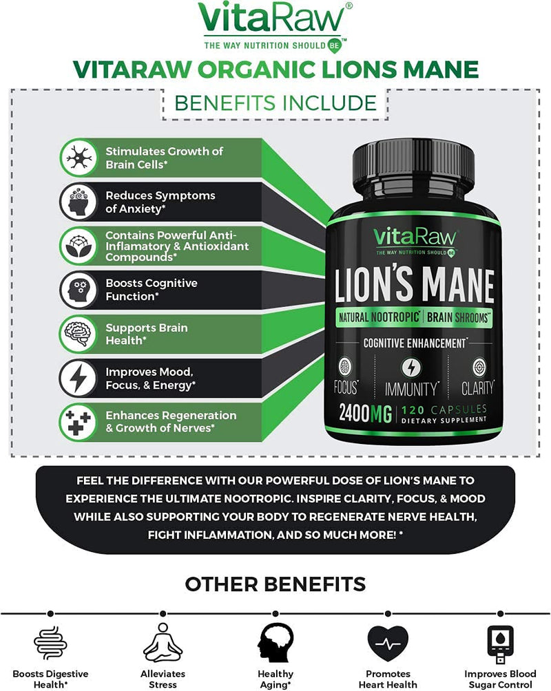 Organic Lions Mane Mushroom Capsules - (2400mg - Powerful Nootropic) Brain Booster Memory & Energy Pills | Nootropics Brain Support Supplement for Focus & Clarity | Pure Lion's Mane Mushroom Extract - NewNest Australia