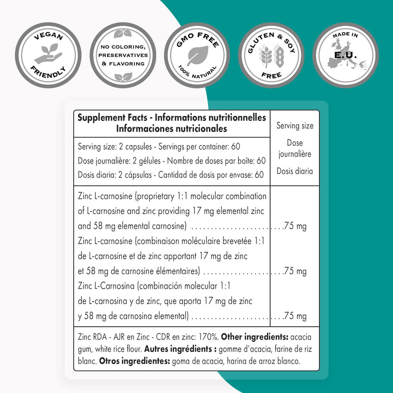 Supersmart - Zinc L-Carnosine 75 mg Per Serving - Gut Health & Anti Inflammatory Supplement - Help Reduce Acid Reflux | Non-GMO & Gluten Free - 90 Vegetarian Capsules - NewNest Australia