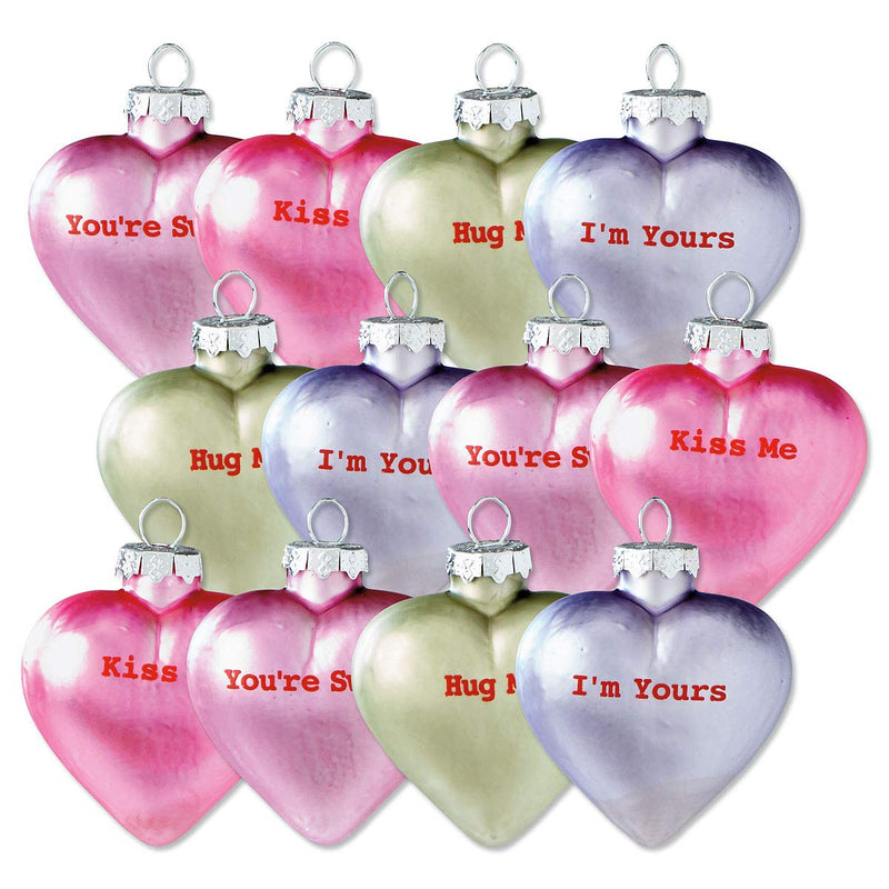 NewNest Australia - Lillian Vernon Pastel Candy Conversation Hearts Glass Valentine's Day Ornaments - Set of 12, 4 Designs, Party Decorations, Holiday Home Decor, 1-1/4" x 2" x 2-1/2" 