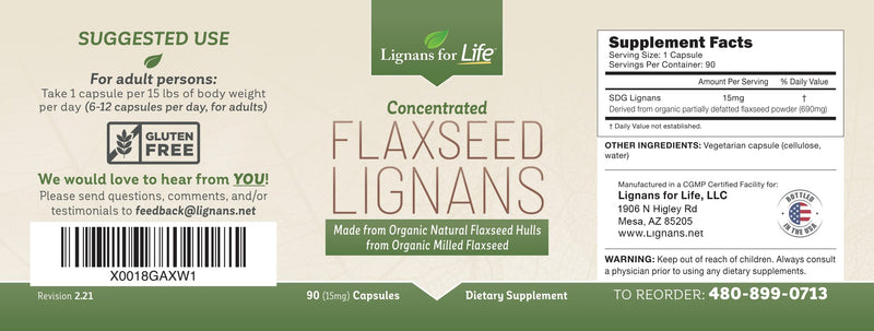 Flaxseed Lignans - 15 mg Organic Flaxseed - 90ct 15mg Capsules - Lignans for Life - NewNest Australia