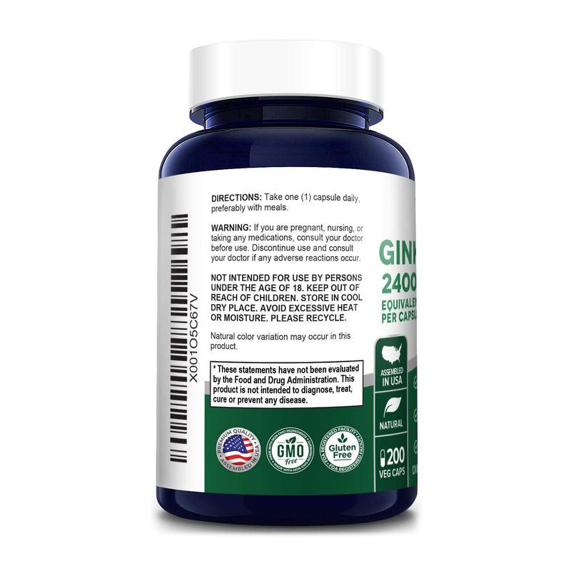 Ginkgo Biloba Extract 2400 mg Per Veggie Caps 200 Capsules (Vegetarian,Non-GMO, Gluten Free & Extract 10:1) - NewNest Australia