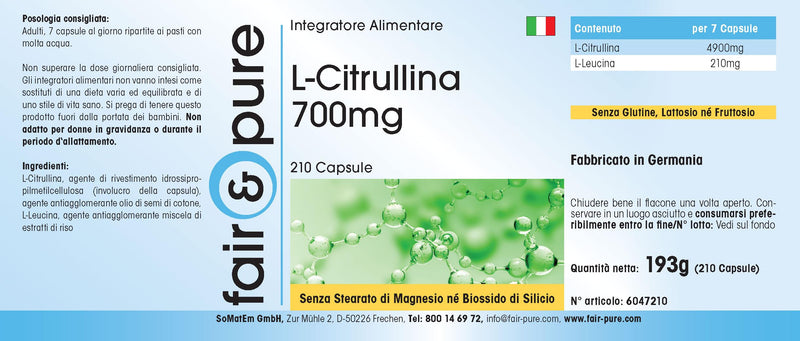 Fair & Pure® - L-citrulline capsules 700mg - vegan - amino acid - without magnesium stearate - 210 capsules - NewNest Australia