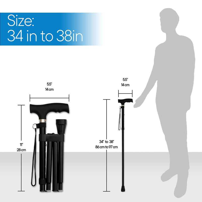 RMS Folding Cane - Foldable, Adjustable, Lightweight Aluminum Offset Walking Cane - Collapsible Walking Stick with Ergonomic Derby Handle - Ideal Daily Living Aid for Limited Mobility (Black) Black - NewNest Australia