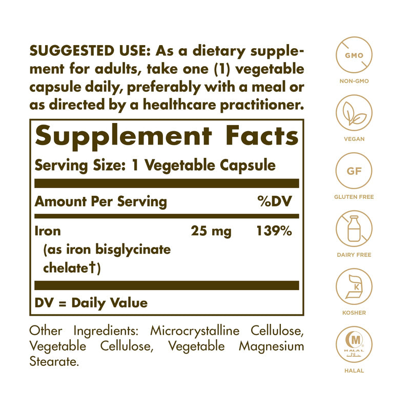 Solgar Gentle Iron 25mg, 90 Vegetable Capsules - Energy, Normal Red Blood Cell Production - Gentle on The Stomach - Non-GMO, Vegan, Gluten Free, Dairy Free, Kosher, Halal - 90 Servings , Unflavoured 90 Count - NewNest Australia