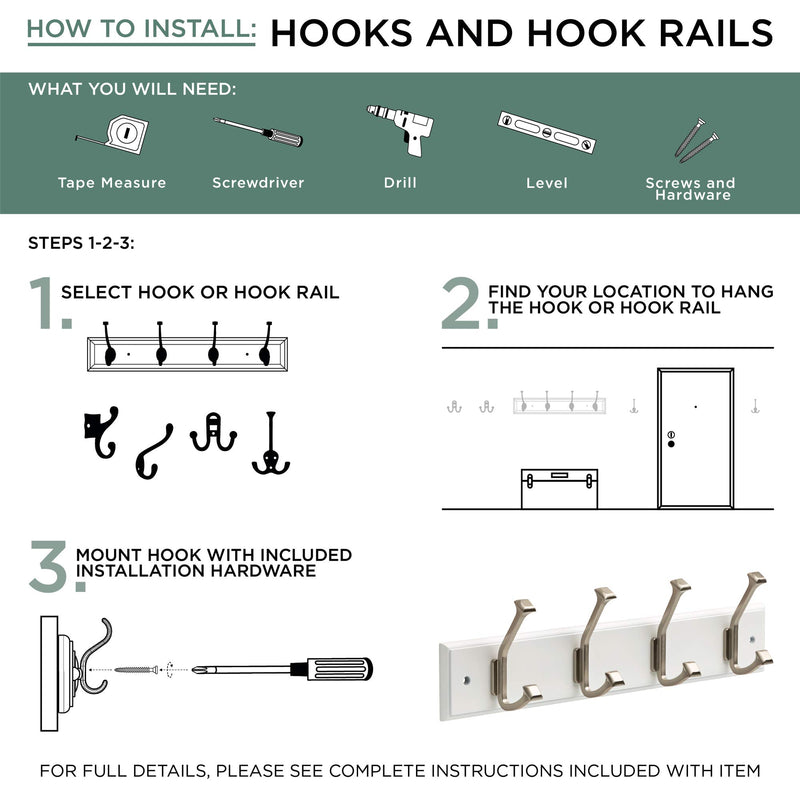 NewNest Australia - 129854 Coat Rack, 10-Inch, Wall Mounted Coat Rack with 3 Decorative Hooks, Satin Nickel and White 10 Inch Hook Rail with 3 Scroll Hooks 