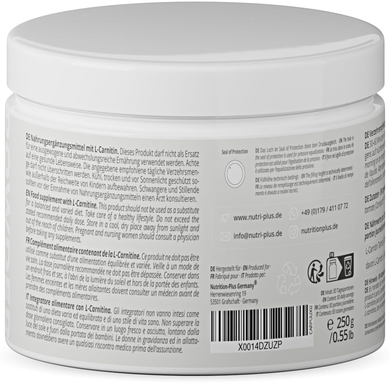 L-Carnitin Carnipure Powder - 100% Pure L-Carnitine Tartrate Ultrapure Powder 250 G By Lonza - 3000 Mg Carnitine Powder Per Serving Without Additives - Nutri-Plus Vegan - NewNest Australia