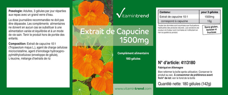 Nasturtium extract 1500mg - 180 capsules - vegan - 10-fold concentrated | Vitamintrend® - NewNest Australia