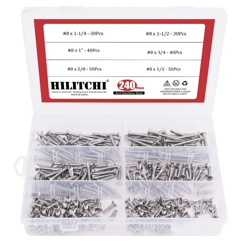 Hilitchi 240 Pcs 410 Stainless Steel Flat Head Phillips Self Drilling Screws Sheet Metal Tek Screws Assortment Kit, Modified Truss Head Self Driller - Size: #8 x 1/2" ~ #8 x 1-1/2" (Pack of 240) #8 Flat Head - NewNest Australia