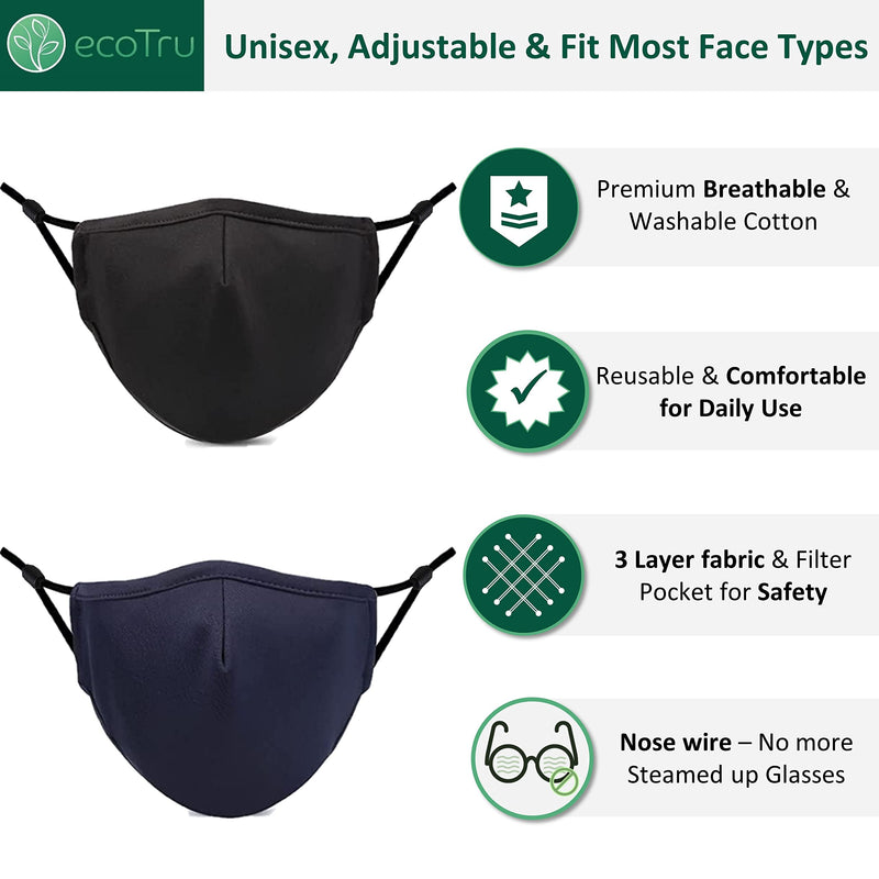 ecotru UK 4 Pack Reusable Cotton Face Masks, 2 Navy Blue, 2 Black Mask with Nose Wire for Glass Wearers, 3-Ply Washable & Breathable Fabric with Filter Pocket & Adjustable Loops - NewNest Australia