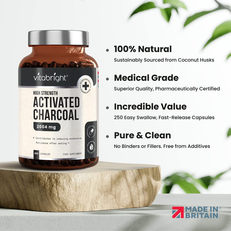 Activated Charcoal Capsules - 250 Capsules - 2004mg per Serving of 6 Capsules - from Natural Coconut Shell - for Indigestion, Bloating, Excessive Flatulence, Gas - Vegan - Made in UK by VitaBright - NewNest Australia