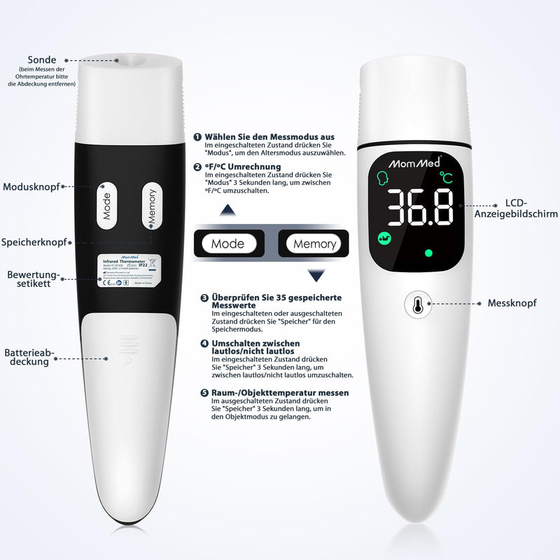 Mommed Fever Thermometer, Ear And Forehead With Age Selection Setting, Fever Thermometer, Contactless For Baby, Children, Adults, Infrared Fever Thermometer, Forehead With Fever Alarm And Memory - NewNest Australia