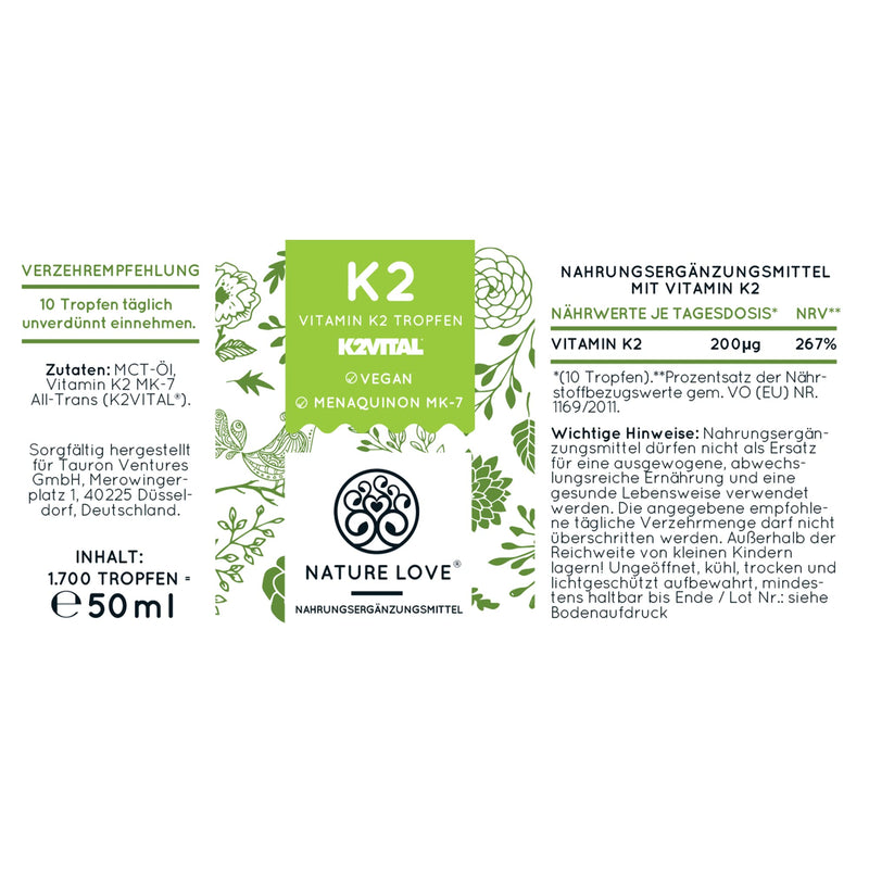 Nature Love Vitamin K2 Mk7-200¬µg - 1700 Drops (50Ml) - Highest All-Trans Content 99.7+% - High Quality: K2Vital From Kappa - Dissolved In Mct Coconut Oil - High Dosage, Vegan & Produced In Germany - NewNest Australia