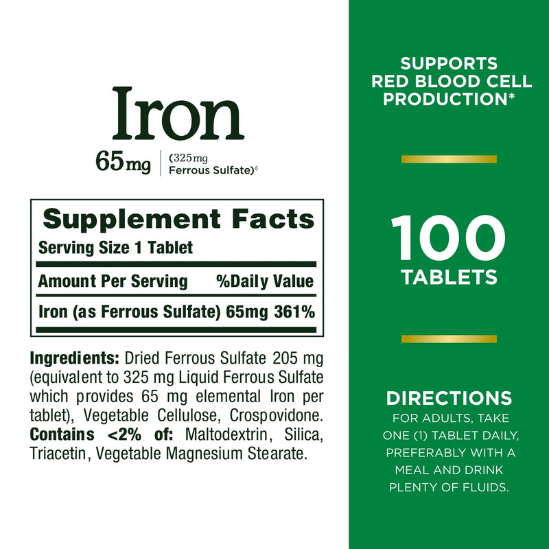 Nature's Bounty Iron 65 Mg.(325 mg Ferrous Sulfate), 100 Tablets - NewNest Australia