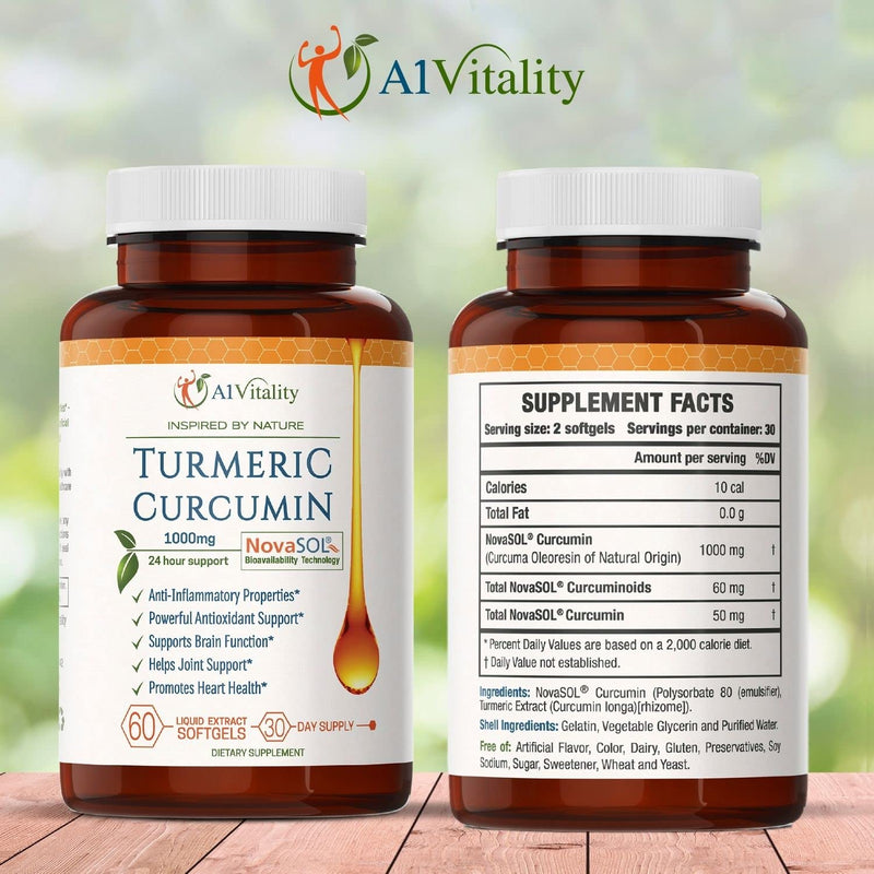 A1 Vitality Turmeric Curcumin NovaSOL Supplements 1000mg More Potent Than Bioperine - Inflammation, Joint Pain Relief - 185x Bioavailable Than Turmeric Black Pepper Capsules – Best Natural Softgels - NewNest Australia