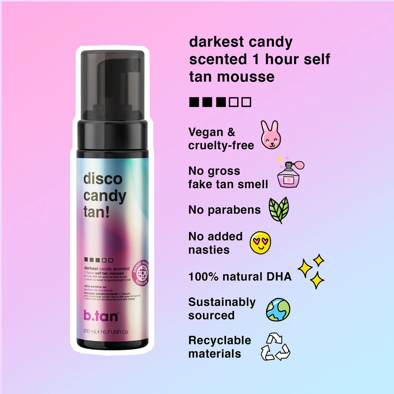 b.tan Dark Self Tanner | Disco Candy Tan - Fast, 1 Hour Sunless Tanner Mousse, Candy-Scented, Sweat-Proof & Transfer Resistant, No Fake Tan Smell, No Added Nasties, Vegan, Cruelty Free, 6.7 Fl Oz disco candy tan! - NewNest Australia