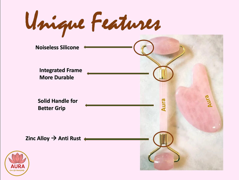 Aura - Live life beautifully Premium Certified Luxury 100% Authentic Rose Quartz Pink Roller & Gua Sha Set for Anti-Aging Skin Care, Muscle Relaxation, Fine Line Reduction, and Eye Puffiness Relief - NewNest Australia