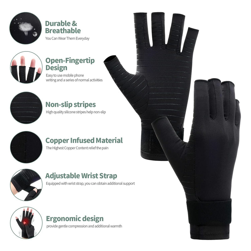 Copper Compression Arthritis Gloves with Strap, Best Copper Infused Glove for Women and Men, Fingerless Glove Hand Wrist Support for Carpal Tunnel, Arthritis, RSI, Tendonitis, 1 Pair, Black (M) M - NewNest Australia