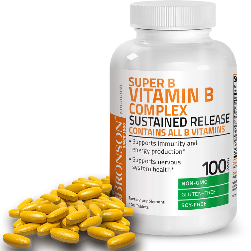 Bronson Super B Vitamin B Complex Sustained Slow Release (Vitamin B1, B2, B3, B6, B9 - Folic Acid, B12) Contains All B Vitamins 100 Tablets 100 Count (Pack of 1) - NewNest Australia