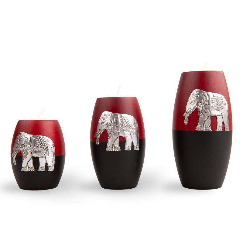 NewNest Australia - IYARA CRAFT 3 Wooden Candle Holders– Decorative Candle Holders with Inlaid Aluminium Antique Elephant – Intricate Details – Matte Wood Finish – Ideal for Modern & Rustic Settings (Rugby Shape) 