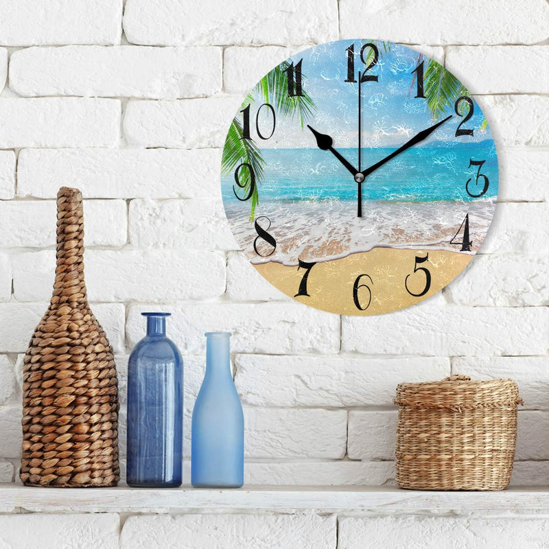 NewNest Australia - ZOEO Palm Trees Hawaiian Tropical Seashore Beach Clock Acrylic Painted Silent Non-Ticking Round Wall Clock Home Art Bedroom Living Dorm Room Decor 